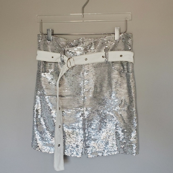 FINAL SALE Silver Sequin Belted Holiday Bling Cosplay NYE Mini Skirt - Picture 3 of 13